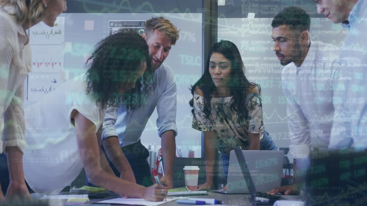 Animation of interface with data and statistics and business colleagues working together in office