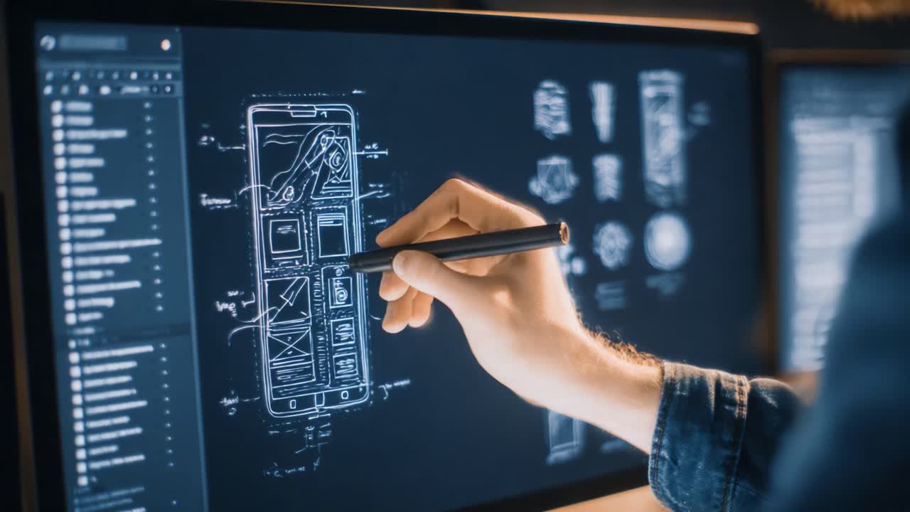 Innovative Smartphone UI Design Process: Exploring Concepts and Details Through a Digital Sketch on Screen by a Creative Designer