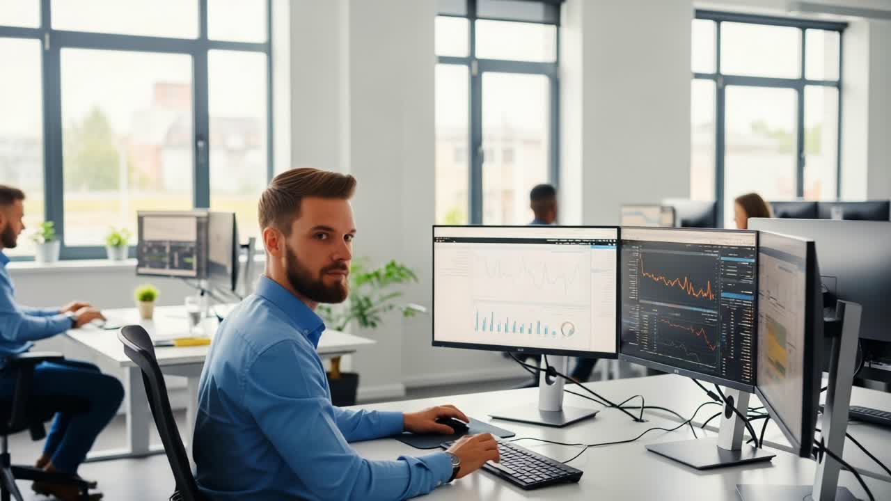 Focused Professional Analyzing Data on Dual Monitors in a Modern Office Environment, Showcasing Collaboration and Concentration in a Dynamic Workspace