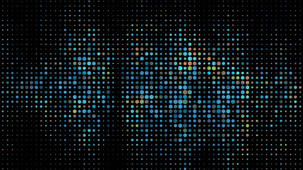 Hexagonal pulsating digital particles against dark background, technological concept, futuristic neon blue light glow