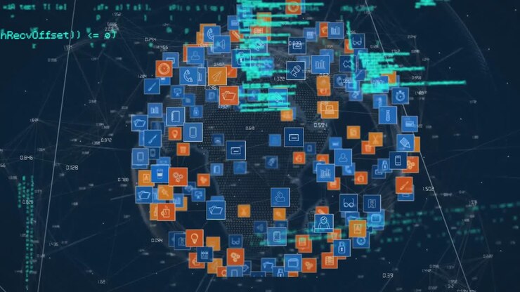 Animasi pemrosesan data dan jaringan koneksi di atas latar belakang bertekstur
