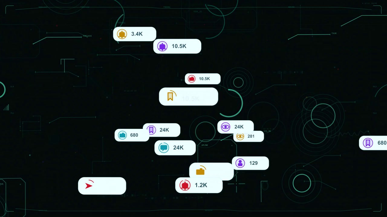 Una bolla di riproduzione che appare attiva notifiche che scorrono e si raggruppano su un HUD scuro, mostrando l'engagement.