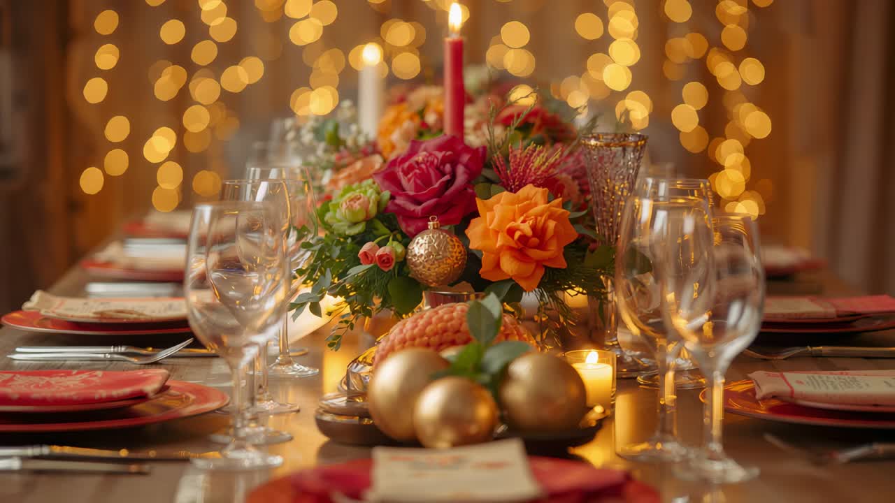 Pulling lens forward bringing floral centerpiece to sharper focus at table, emphasizing centerpiece