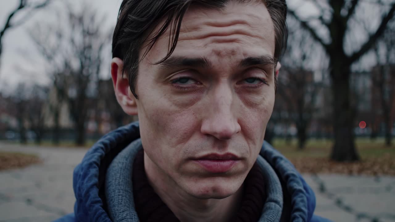 Wide-angle shot of a solitary person on a park bench surrounded by fallen leaves, evoking a somber