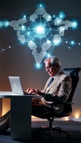 a senior businessman with glasses working on a laptop, a digital network map on background.