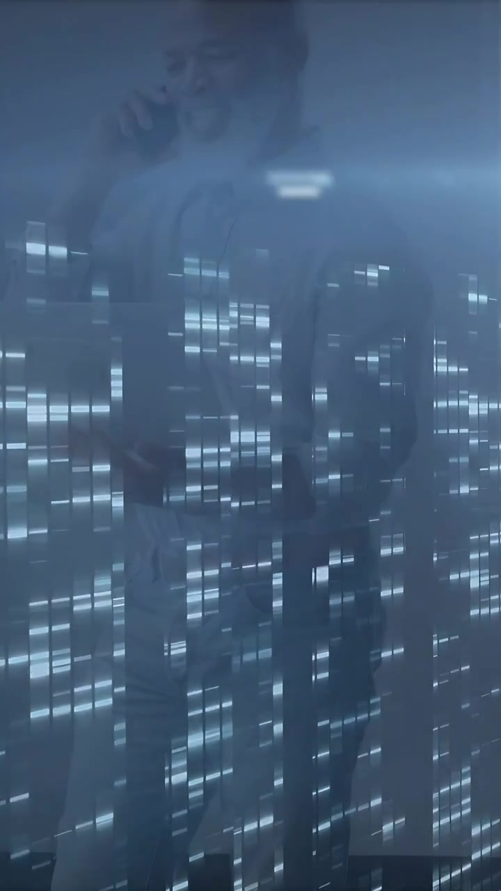 Vertical video: Man answering phone, making business call behind glass pulsing bars masking face