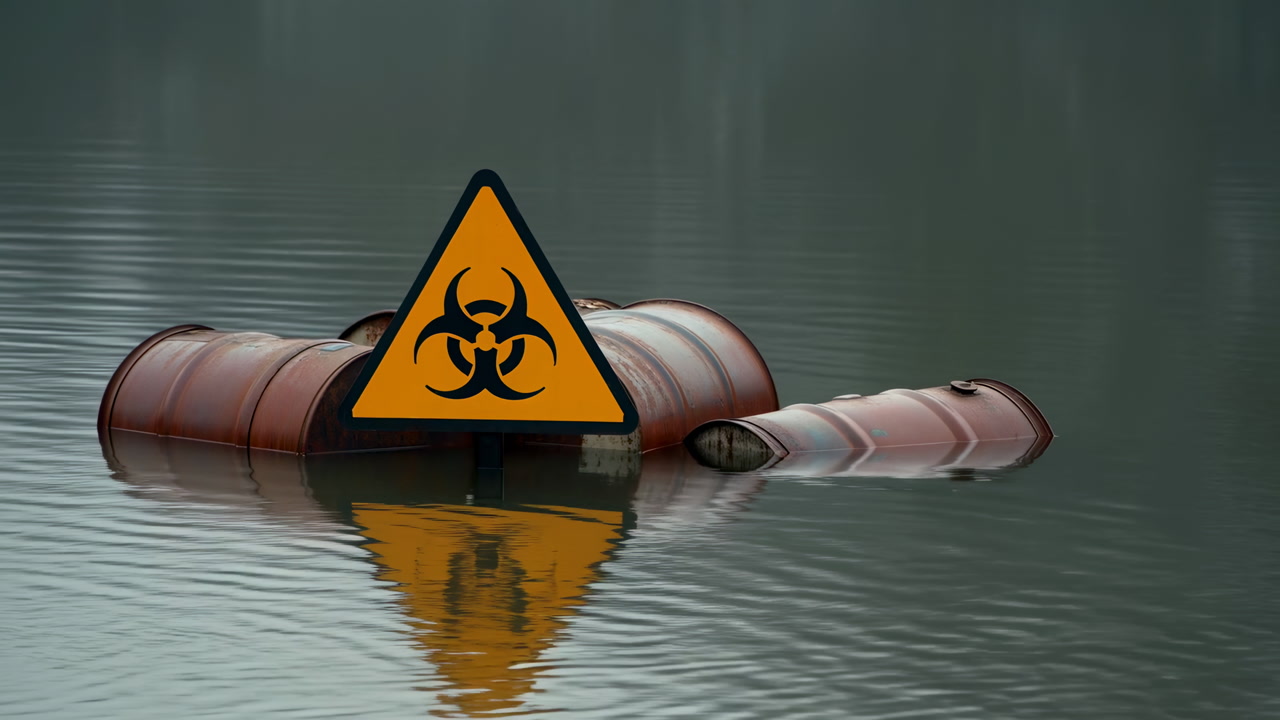 Floating Rusty Barrels With Biohazard Sign, Murky Water Reflection And Orange Warning Symbol Signaling Toxic