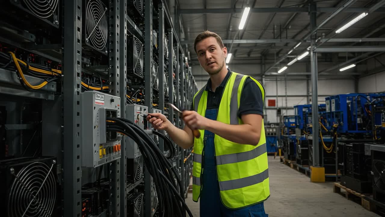 A technician in a warehouse adjusts connections on power supply units, surrounded by rows of computing equipment, ensuring optimal performance and safety in electrical management