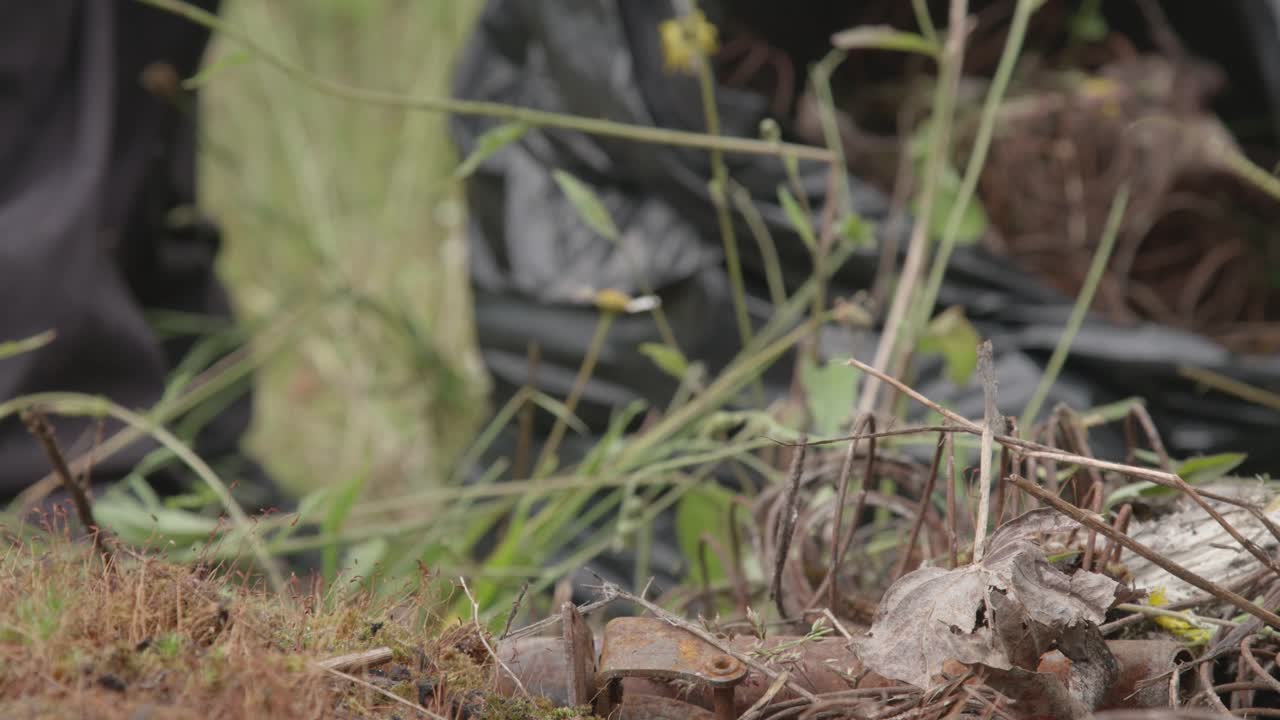 primer plano de la mano de un activista, voluntario limpiando basura de chatarra del exterior
