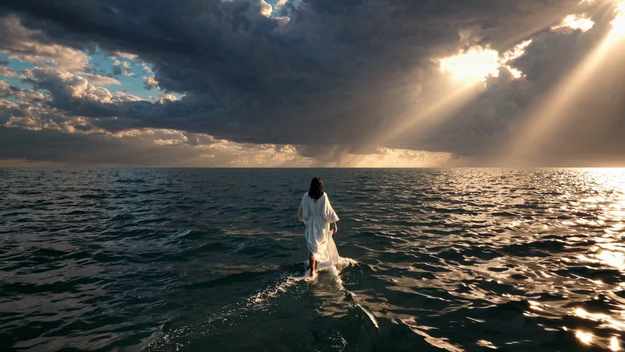 Aerial video captures a serene figure walking on water under dramatic clouds with sun rays