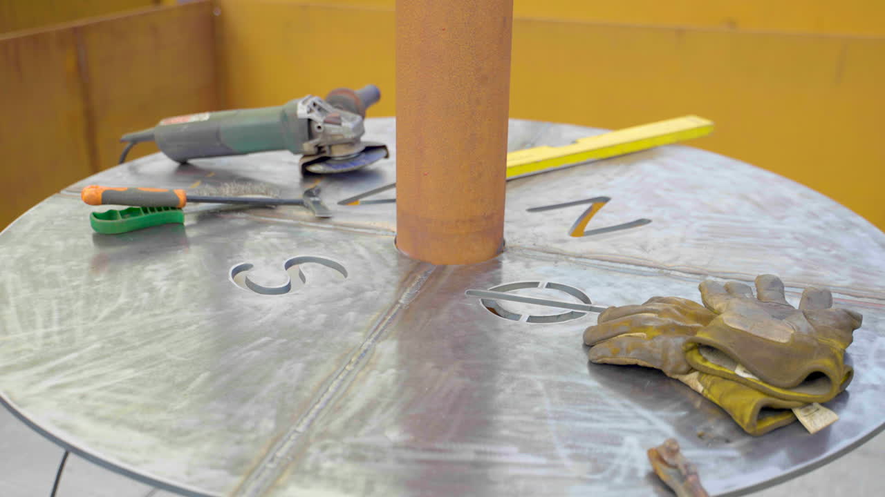 guantes de trabajo sucios con herramientas de fabricación en superficie metálica redonda