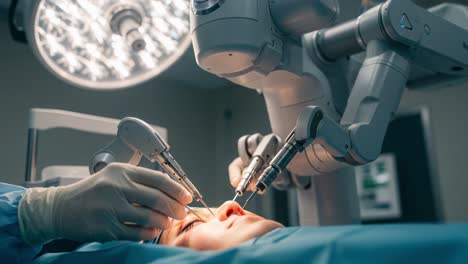 advanced robotic surgery in progress: a cutting-edge procedure utilizing high-precision robotic instruments for eye surgery under optimal lighting conditions