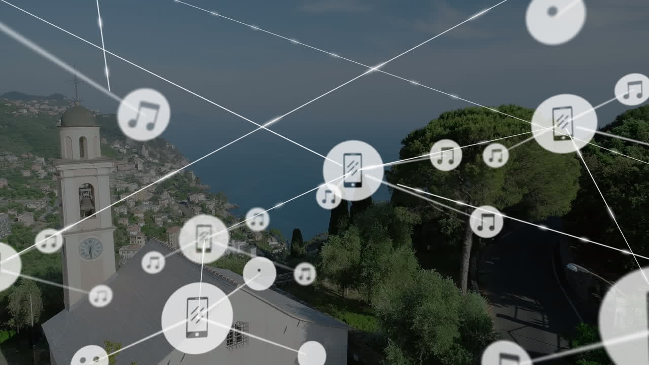 animación de la red de conexiones con iconos sobre el paisaje urbano