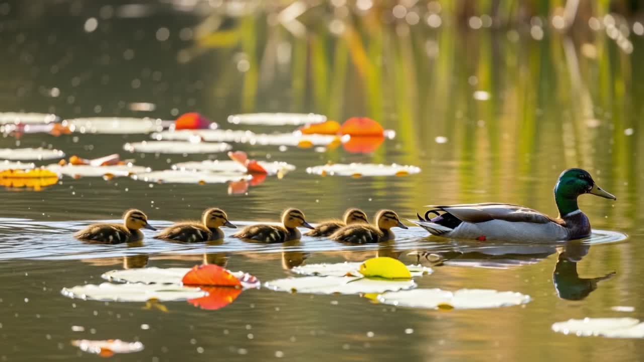 A Mother Duck Leads Her Ducklings Through a Serene Pond, Surrounded by Colorful Water Lilies and Gentle Reflections in the Calm Water, Embracing Nature's Beauty