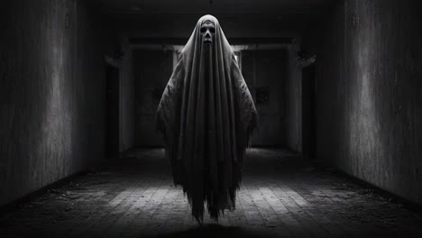 a silent haunting: the eerie presence of a ghostly figure shrouded in white looms over a dimly lit abandoned hallway, echoing an ominous atmosphere of fear and mystery