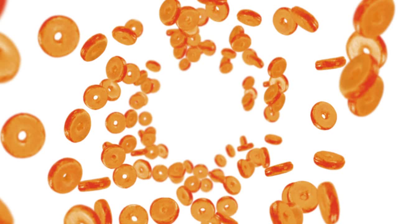 색 배경에 많은 평평한 도을 날아. 도 케이크, 과자, 디저트. 도 회전의 3d 애니메이션. 루프 애니메이션.