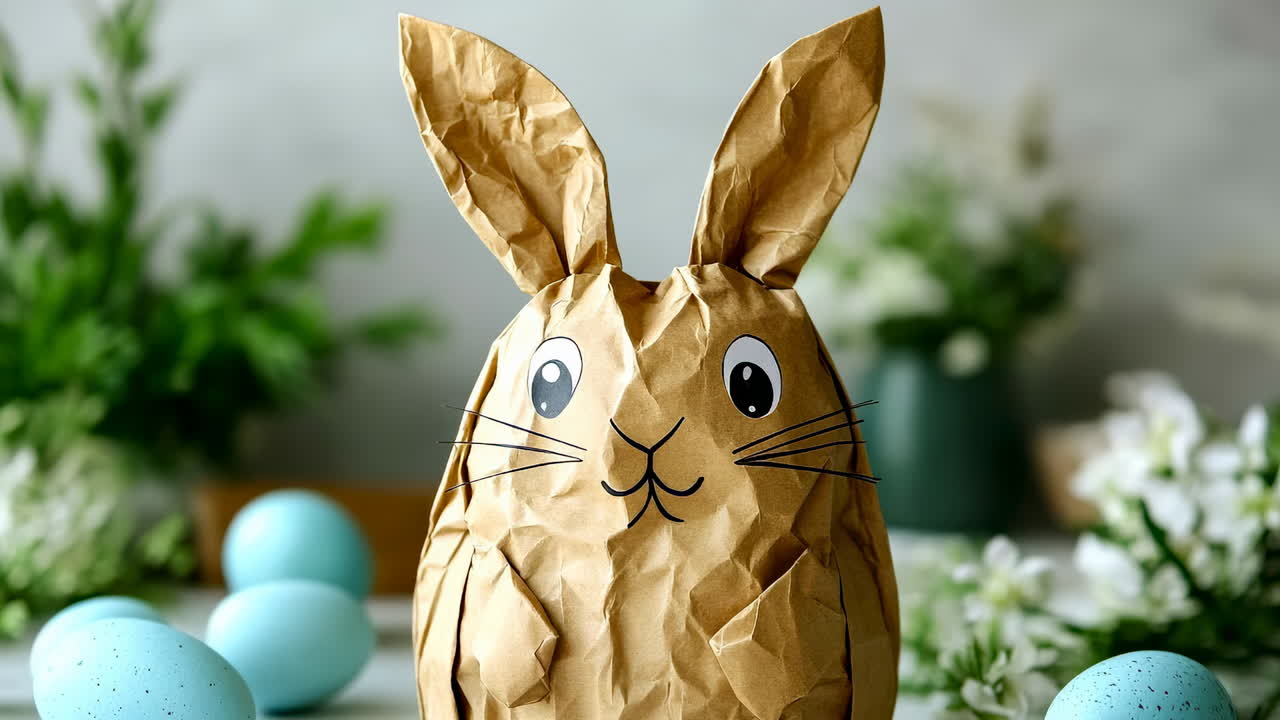 Realizza un coniglietto di carta per Pasqua. Un coniglietto di carta è seduto tra uova blu e fiori su un tavolo durante i preparativi pasquali in primavera