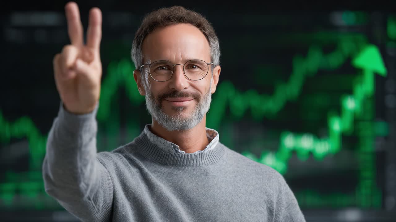 Confident Individual Displaying Peace Sign Against a Financial Background, Symbolizing Success and Optimism in a Dynamic Market Environment