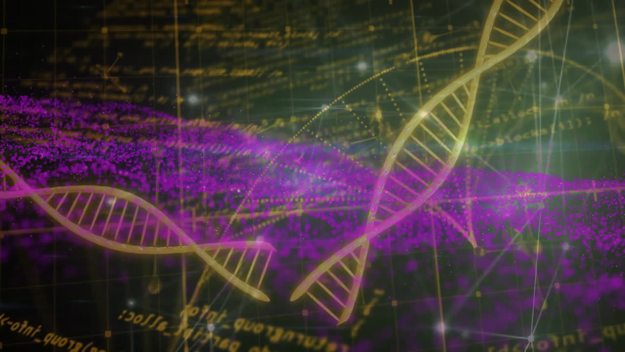 DNA strands and mathematical equations animation over scientific data visualization