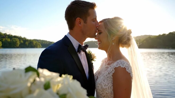 A Serene Wedding Moment by the Water: A Bride and Groom Celebrate Their Love with White Roses and a Blissful Sunset in View