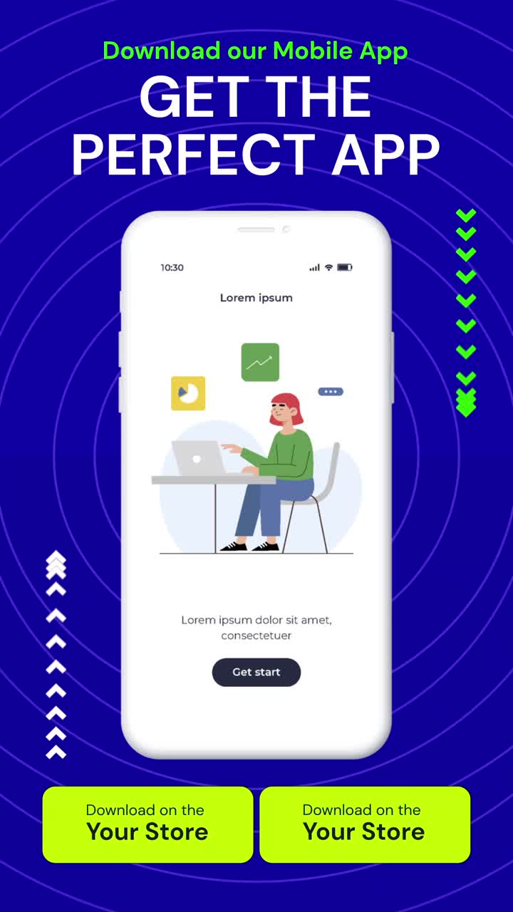 Reklame for mobilapp med illustrasjon av kvinne som jobber på bærbar PC