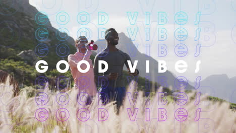 animación de buenas vibraciones texto sobre personas felices al aire libre