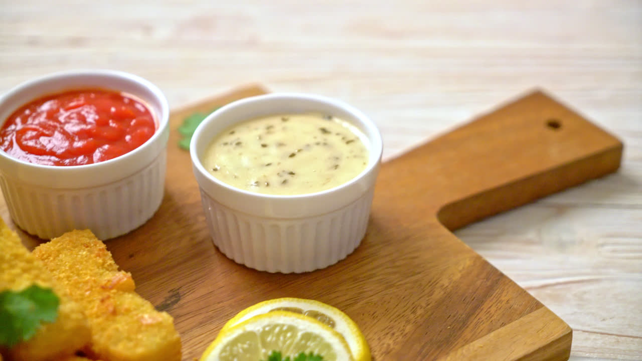 palito de pescado frito o papas fritas pescado con salsa