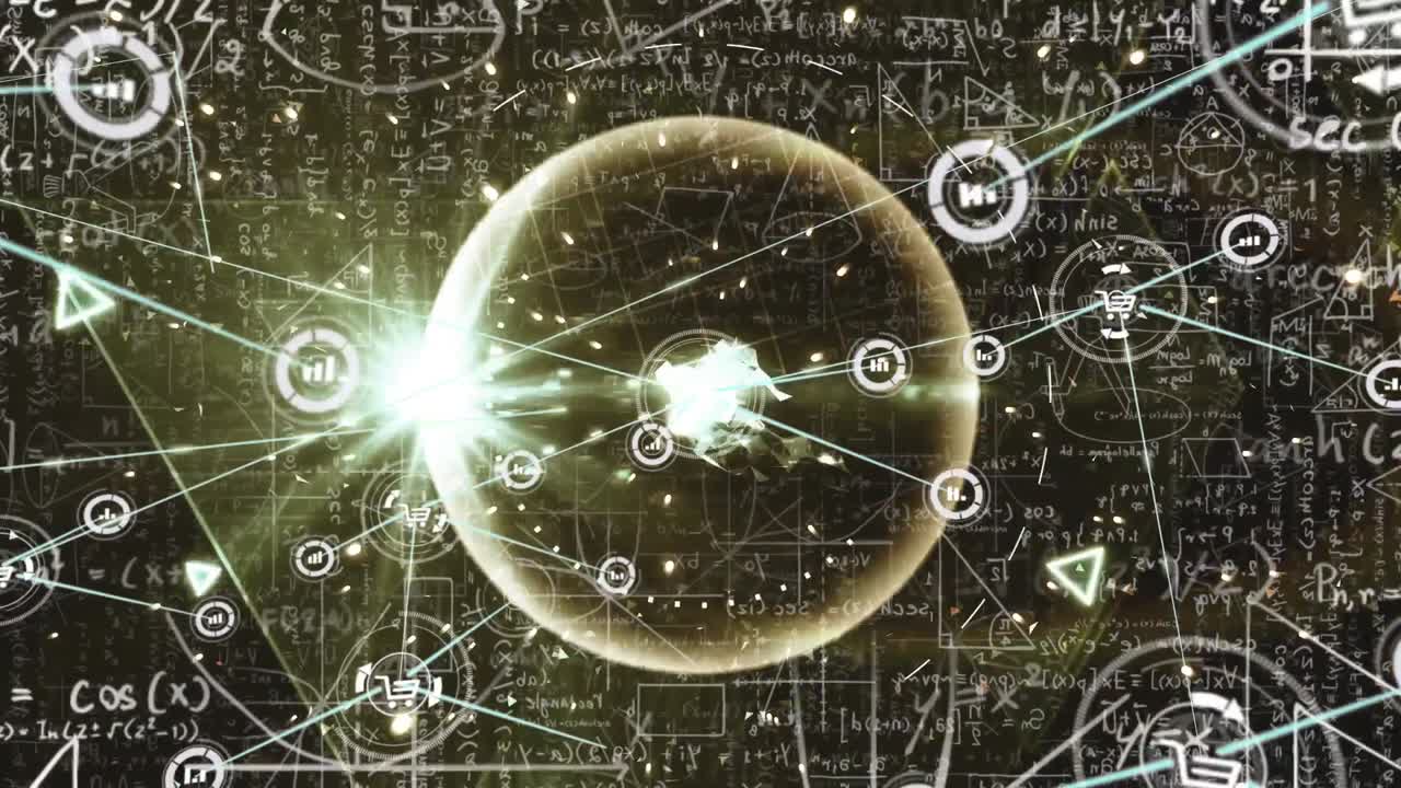 수학 방정식 위에 아이콘으로 연결된 네트워크의 애니메이션