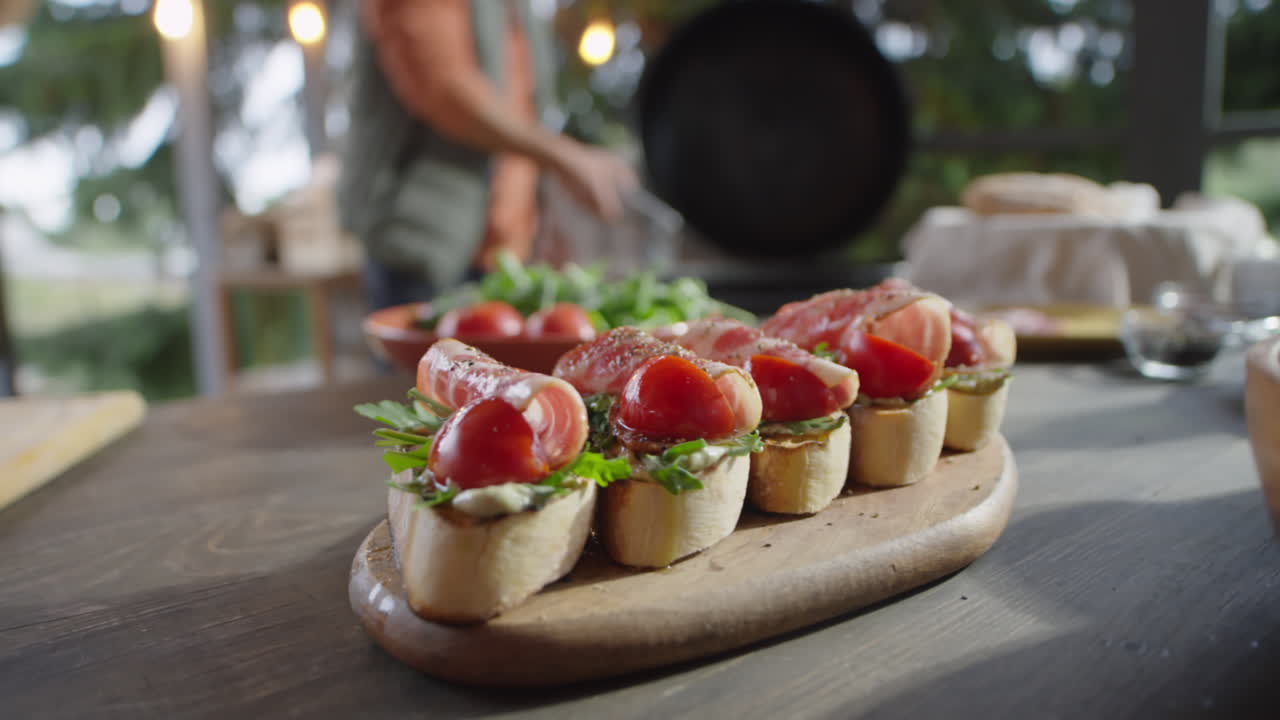 Set of Delicious Bruschettas Served on Wooden Board