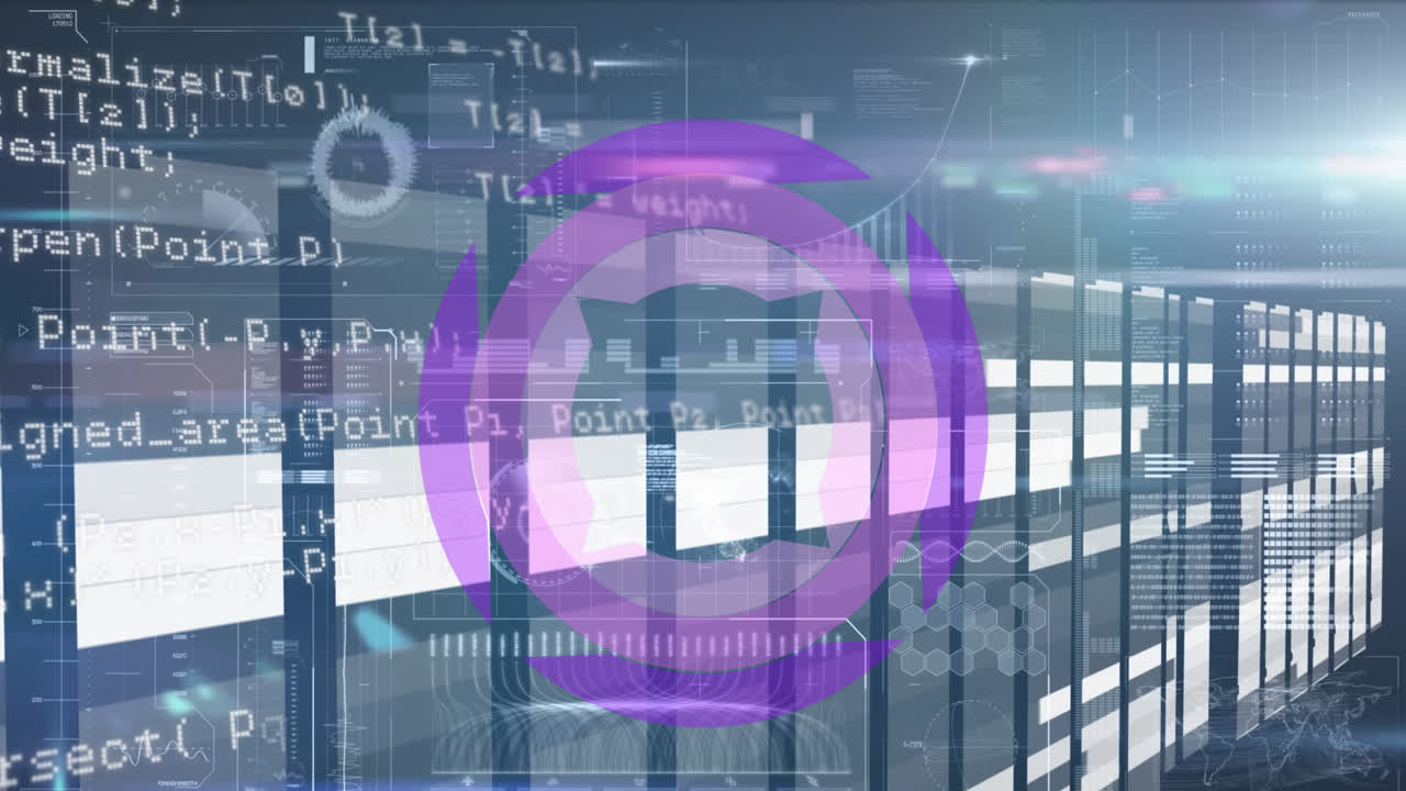 animación del círculo púrpura moviéndose contra la interfaz digital con códigos de programación y gráficos