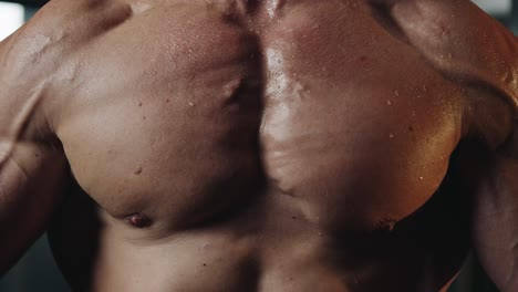 primer plano en cámara lenta de un sudoroso culturista caucásico trabajando sus pectorales de pie