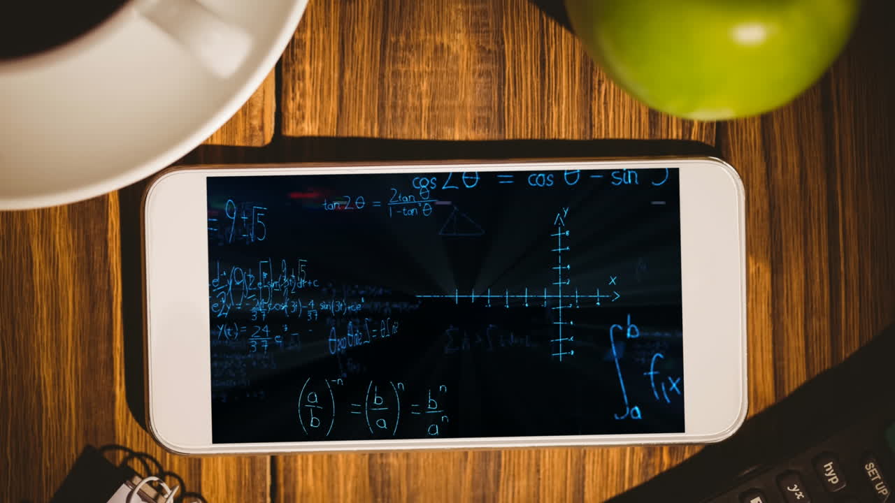 Animation of a smartphone showing mathematics equations on the screen.