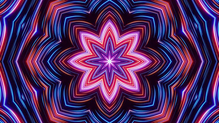 Flor colorida com centro azul e roxo. Loop VJ de Caleidoscópio