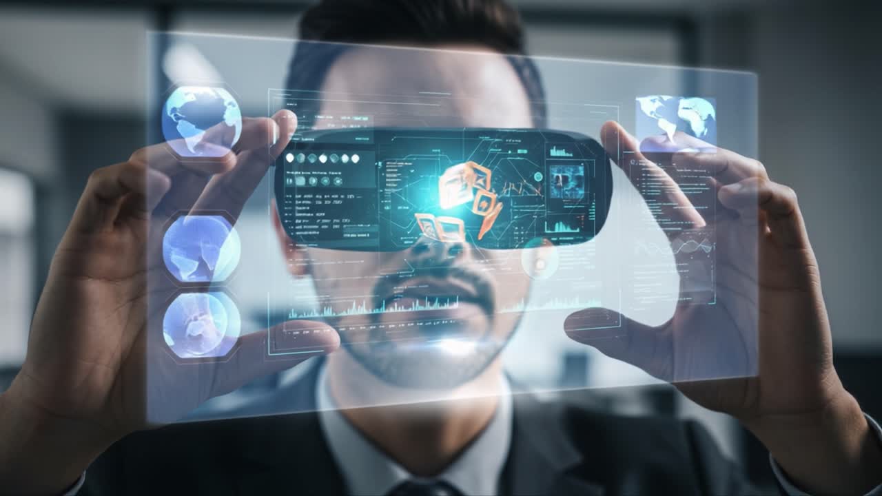 Innovative Technology: A Professional Examines Advanced Data Visualizations Through Augmented Reality Glasses in a Modern Digital Workspace Setting