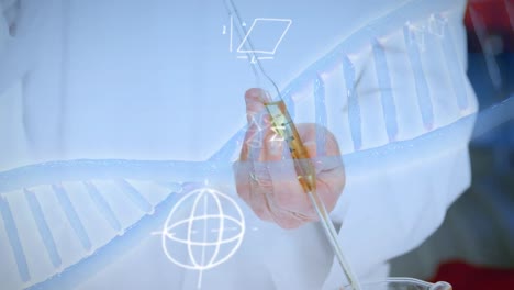 animation of spinning dna strand and mathematical formulas over scientist