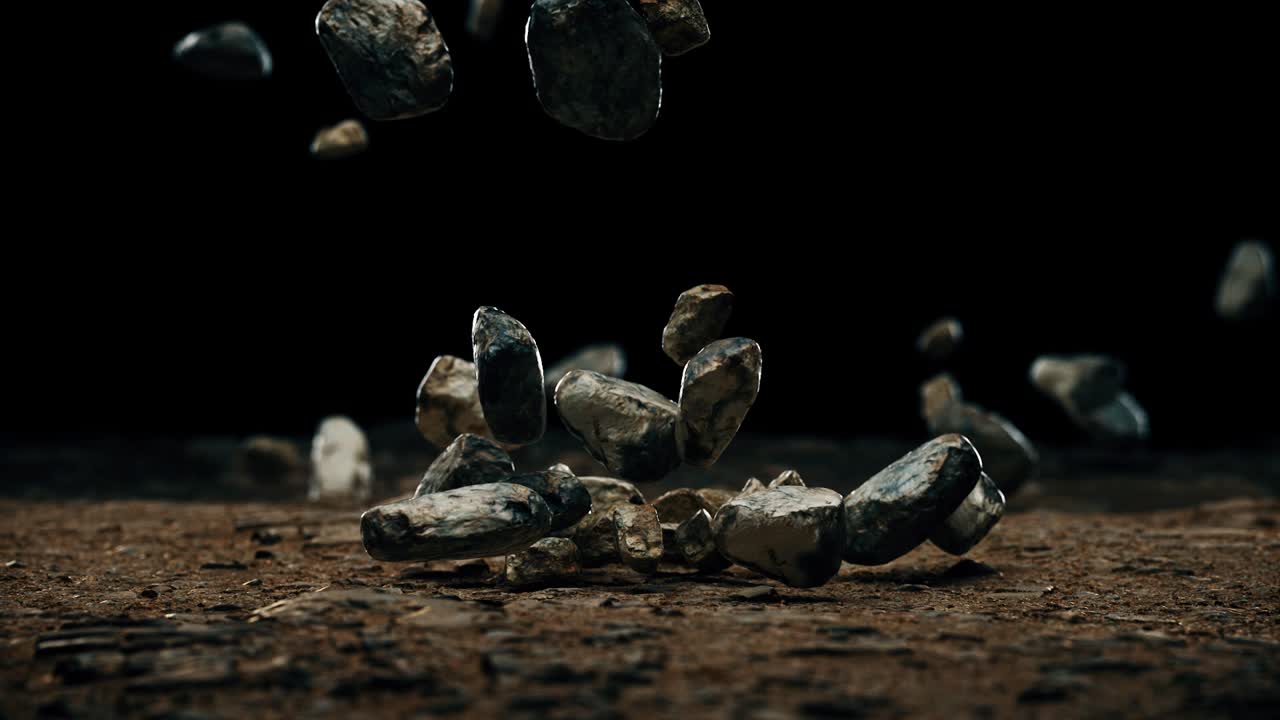 4K Video. Stone rocks falling to the ground. Slow motion.