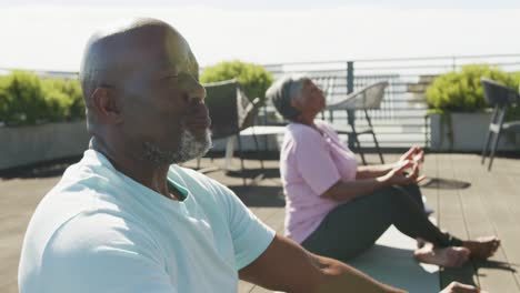 Video-of-relaxing-senior-african-american-couple-meditating-in-the-garden