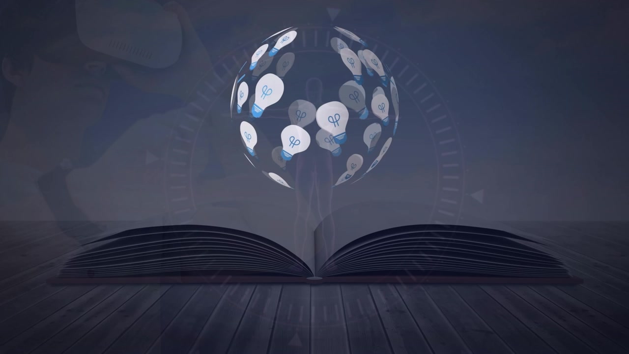 Animasi globe berputar yang terbuat dari bola lampu di atas latar belakang biru dengan buku terbuka.