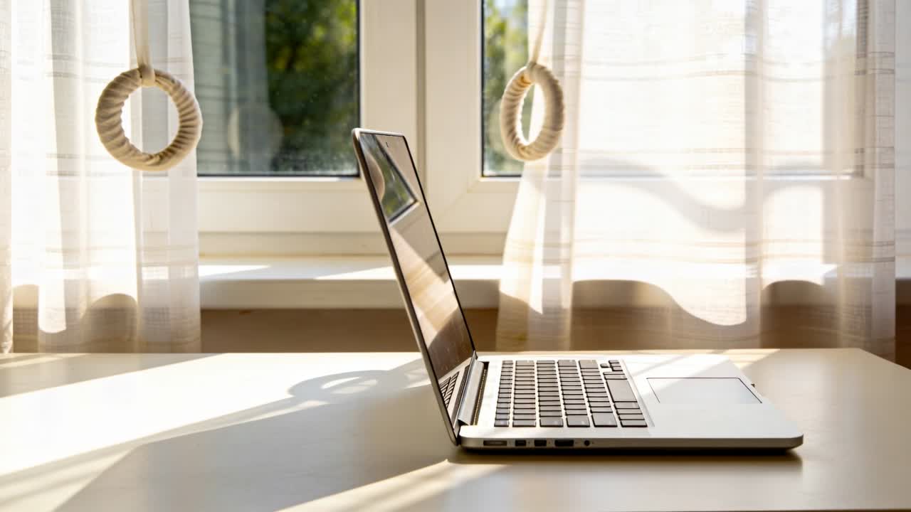 Sunlight shifting, sheer curtains swaying and shadows moving across desk by window with laptop