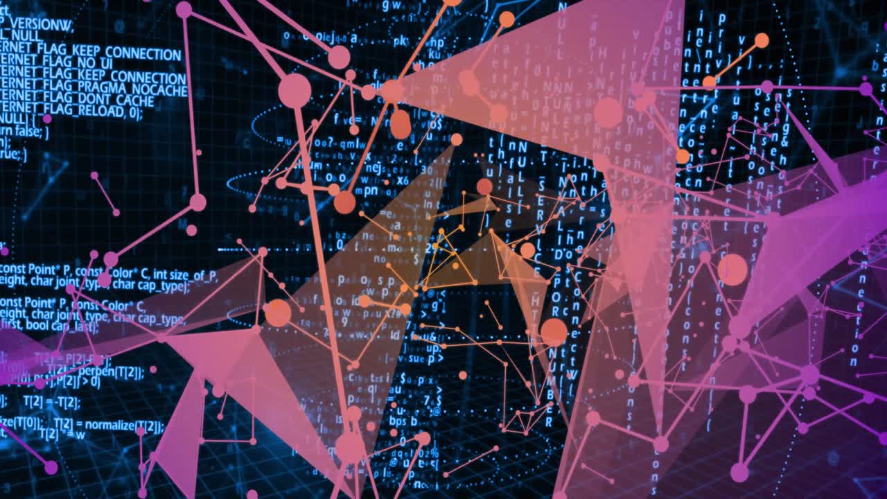 animación de puntos conectados que se mueven sobre códigos binarios y lenguaje informático