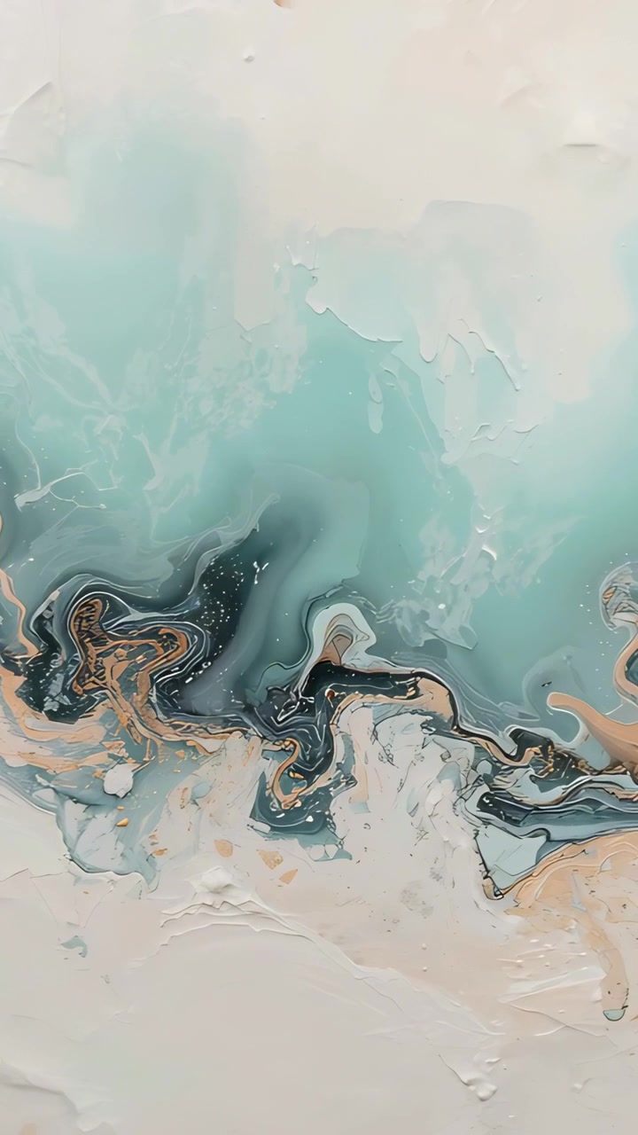Vertical video: Moving marbled canvas with frames shifting in portrait, revealing aqua-teal impasto