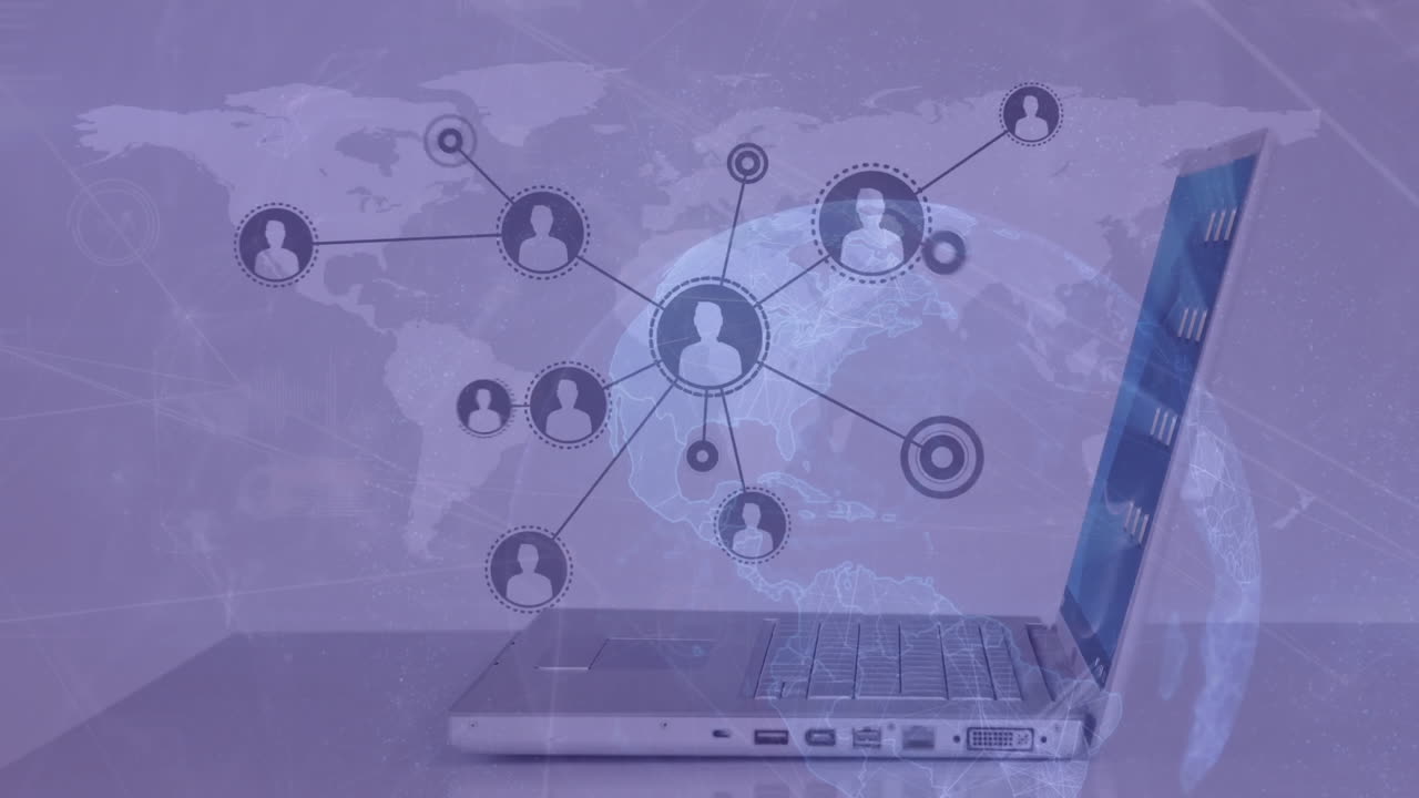 Network of connections and data processing animation over laptop with world map