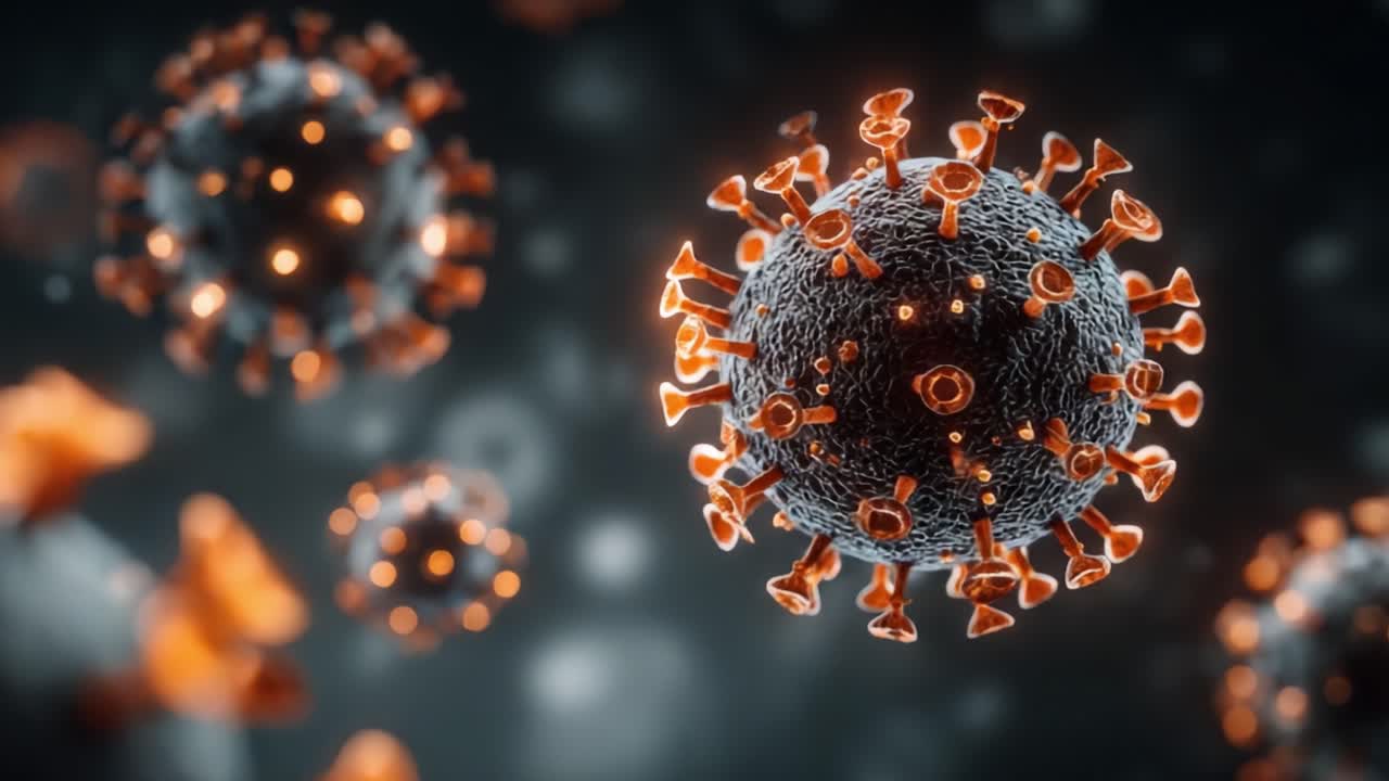 Højopløsningsvisualisering af virale partikler under elektronmikroskop, der viser detaljeret struktur og overfladeegenskaber i en videnskabelig kontekst.