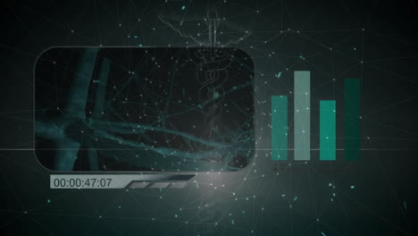 digital network animation with bar graphs and video frame overlay