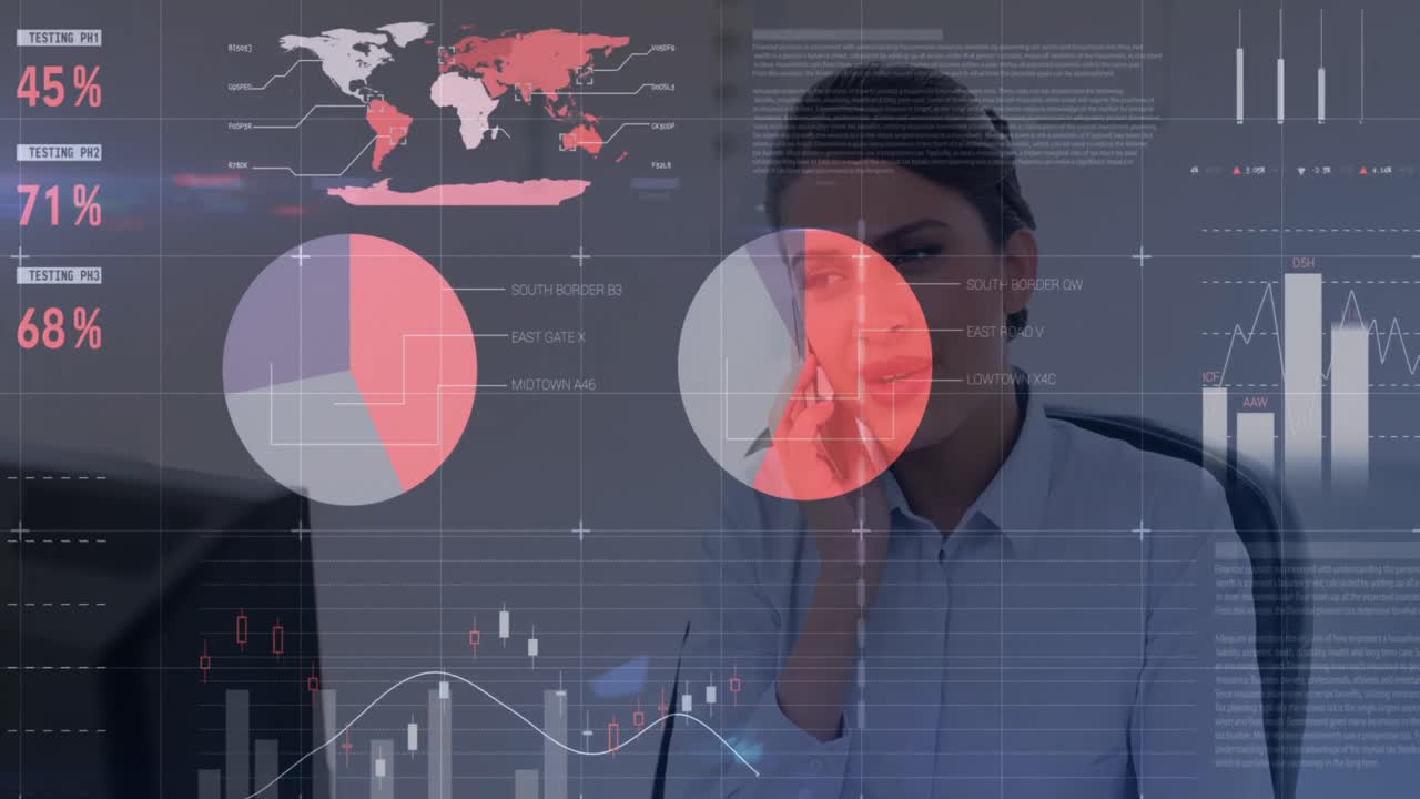 animación del procesamiento de datos estadísticos contra una mujer caucásica hablando en un teléfono inteligente en la oficina