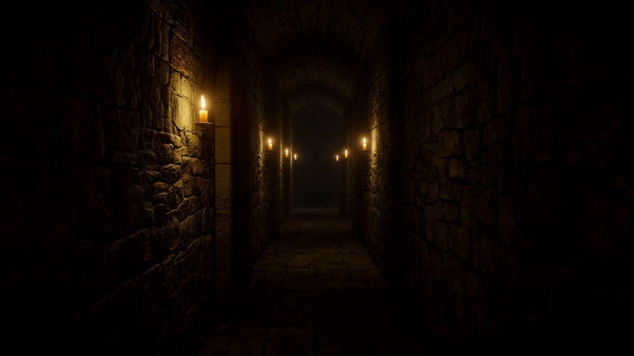 Um corredor estreito de pedra se estende na escuridão com pequenas velas montadas ao longo das paredes, projetando luz quente e bruxuleante e sombras profundas sobre a alvenaria rústica.