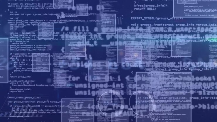 Animation of data processing over stock market on blue background