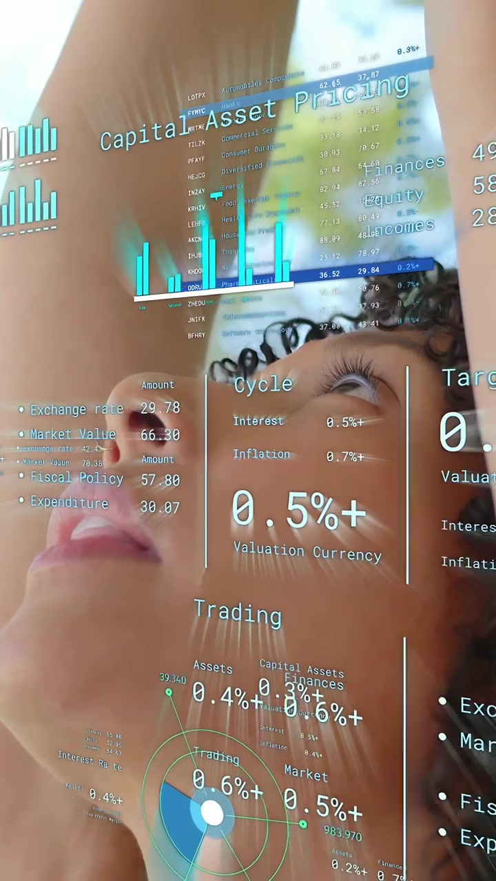 Vertical video: Woman raising arms and adjusting clip to view finance HUD overlaying face and wrist