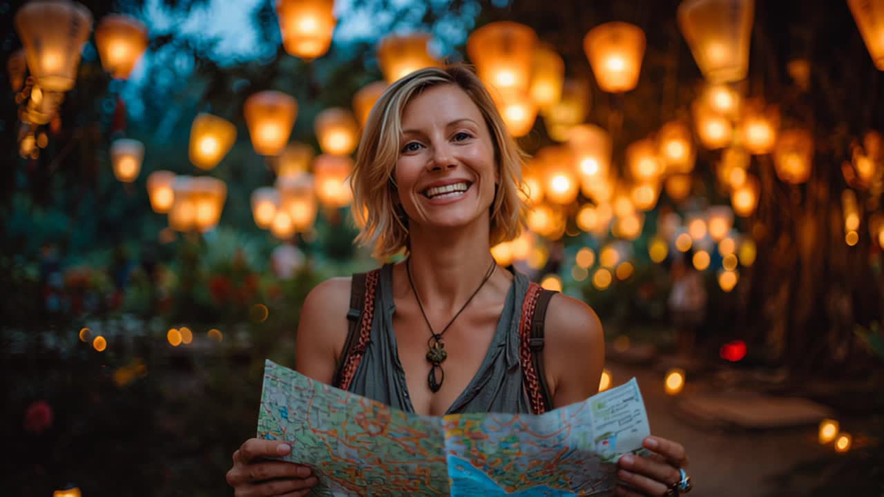 Filmato di una donna viaggiatrice sorridente che tiene una mappa cartacea all'aperto di notte, circondata da calde lanterne appese e luci bokeh, mentre esplora una strada o un mercato festivo.