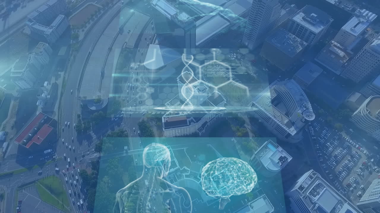 도시 풍경의 공중 전망에 대한 의료 데이터 처리와 함께 여러 화면